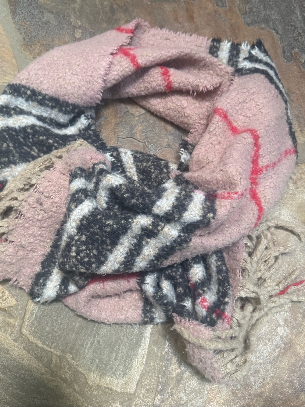 Anthropologie Pink, Black & Cream Patterned Fringe Scarf